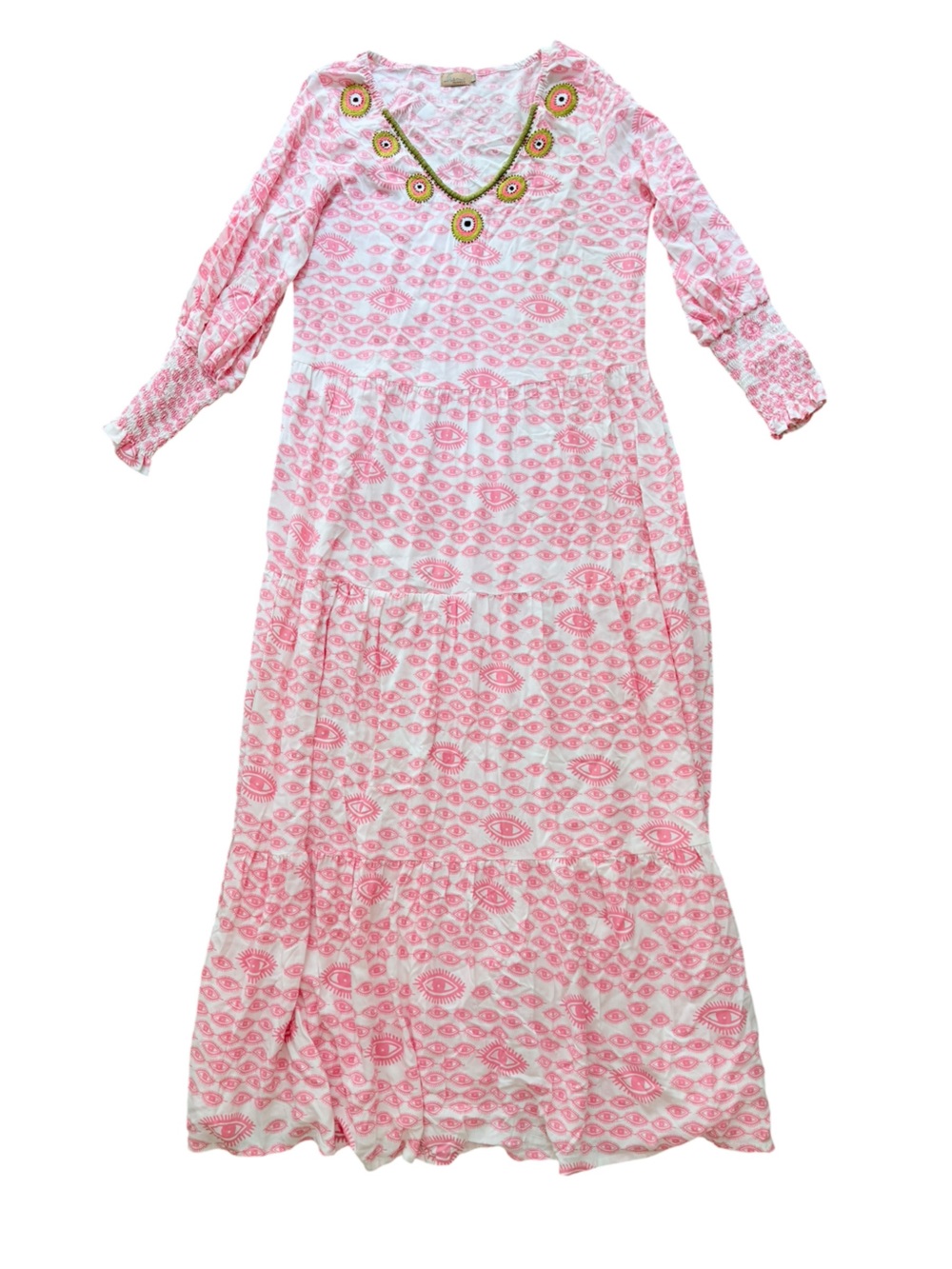 Kenao Pink Evil Eye Rayon Tiered Midi Dress Beaded Boho M
